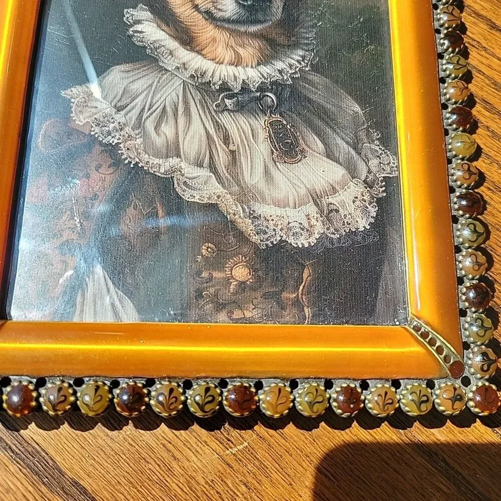 Vtg enamel & faux gemstone picture frame copper 4x6 photo Royal Dog art print